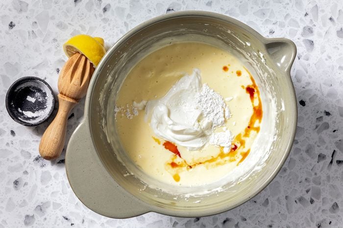 Greek yogurt, lemon juice, cornstarch and vanilla added to cream cheese