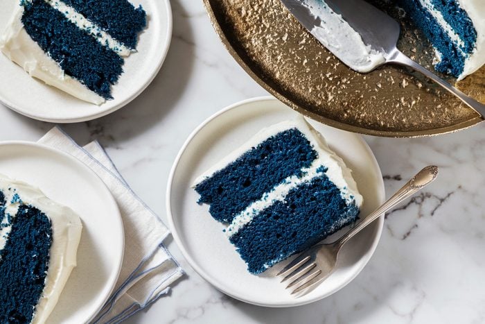 Overhead shot of blue velvet cake