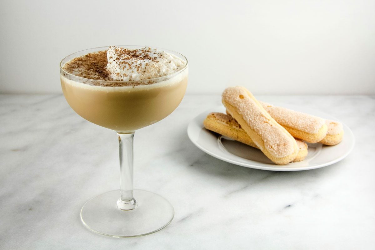 Tiramisu Martini on marble surface.