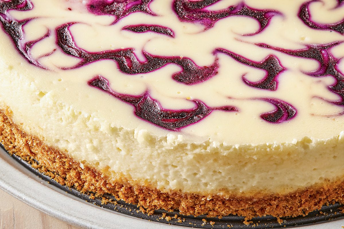 Close up view shot of Contest-Winning Blueberry Swirl Cheesecake