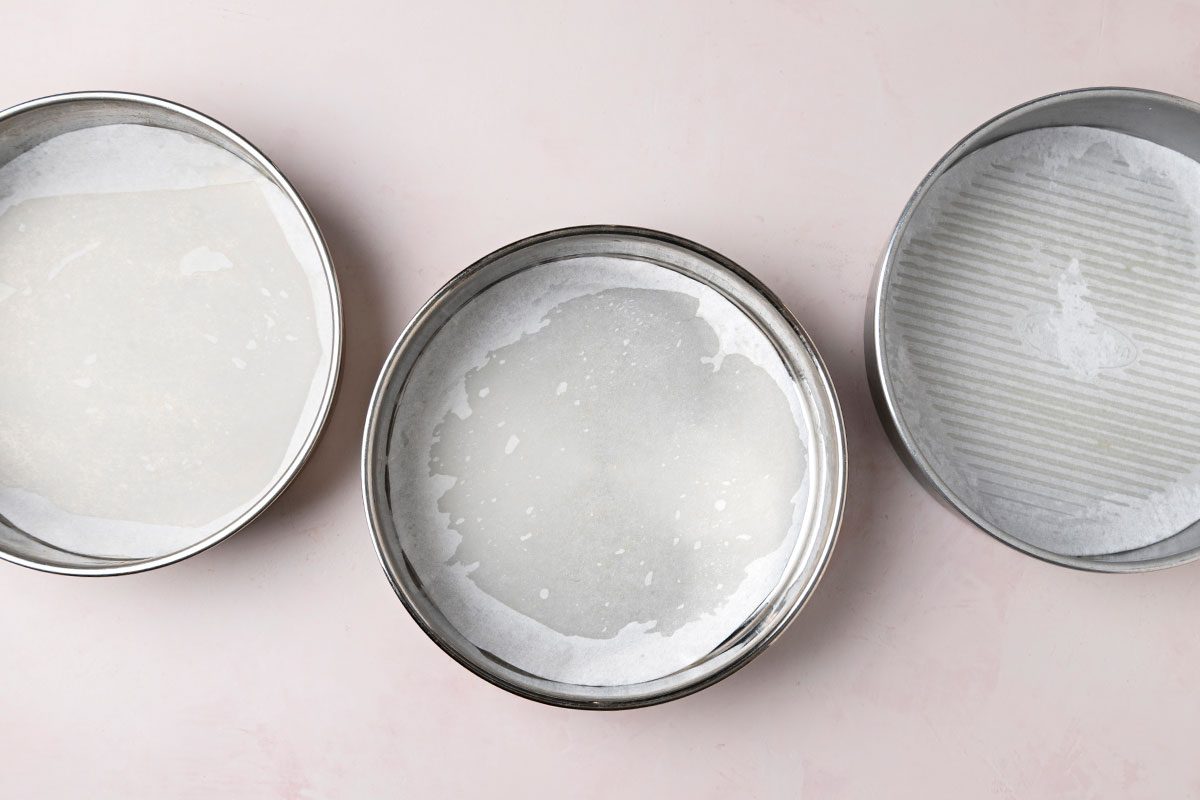 three greased 9-inch round baking pans with parchment. 