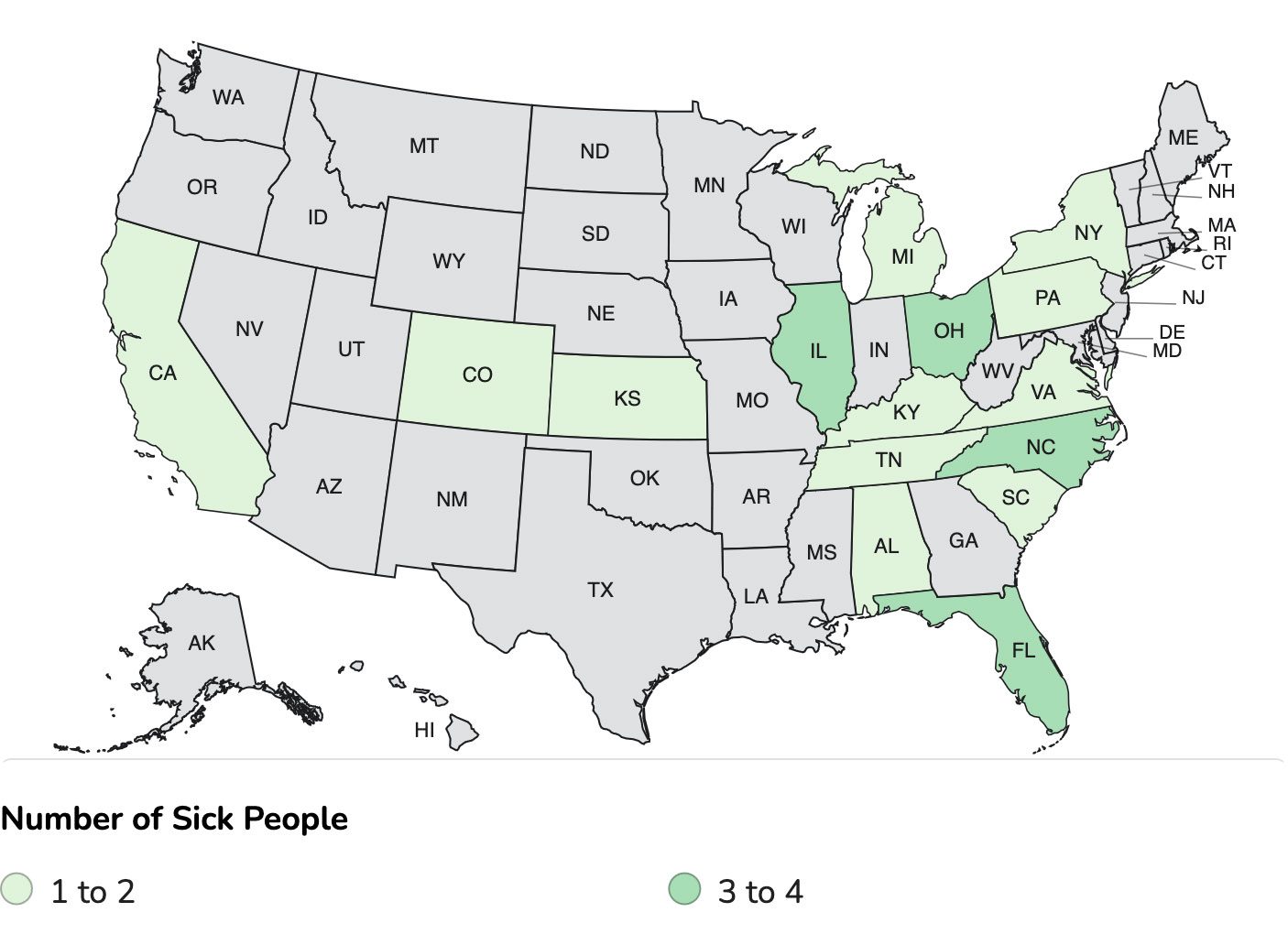 Map of the U.S. showing states containing victims of a salmonella outbreak