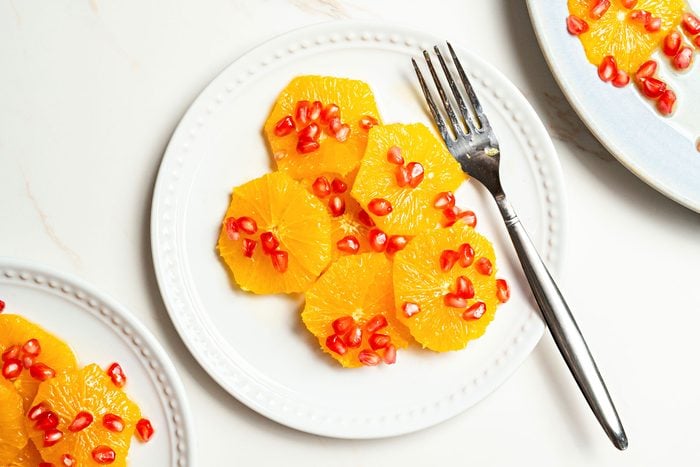 Overhead shot of Orange Pomegranate Salad with Honey