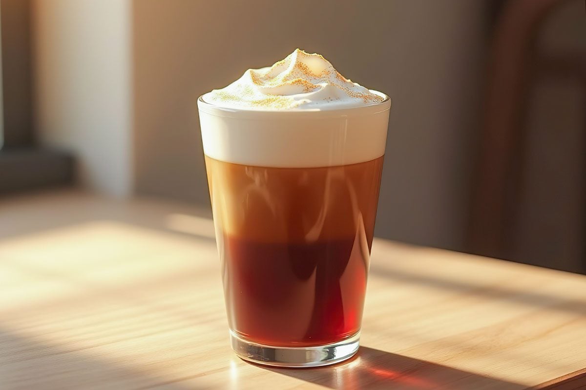 A glass of layered coffee drink,Likely a latte or cappuccino,With a creamy foam top