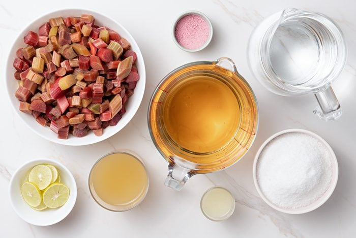 Rhubarb Water Sugar Strawberry gelatin powder Boiling water Pineapple juice Lemon juice Ginger ale