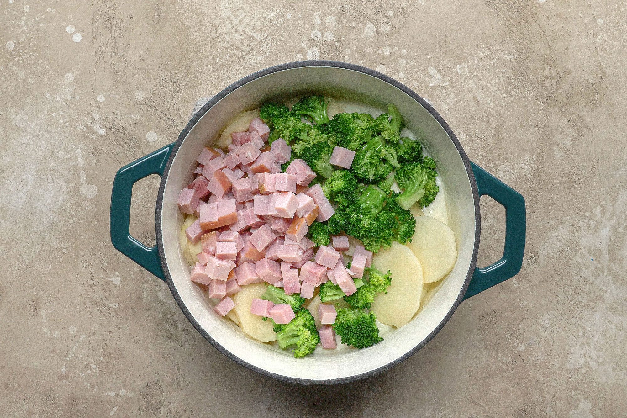 Add potatoes, ham and broccoli to sauce; stir gently to coat.