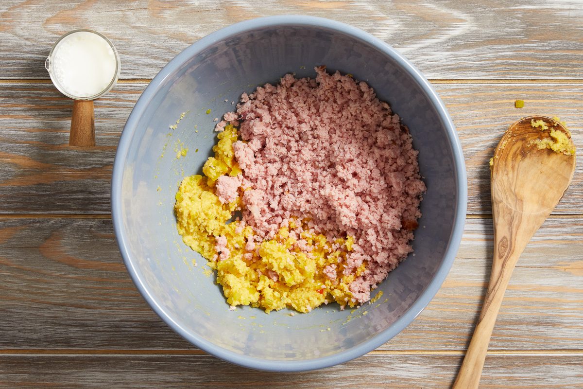 ground ham added to large bowl