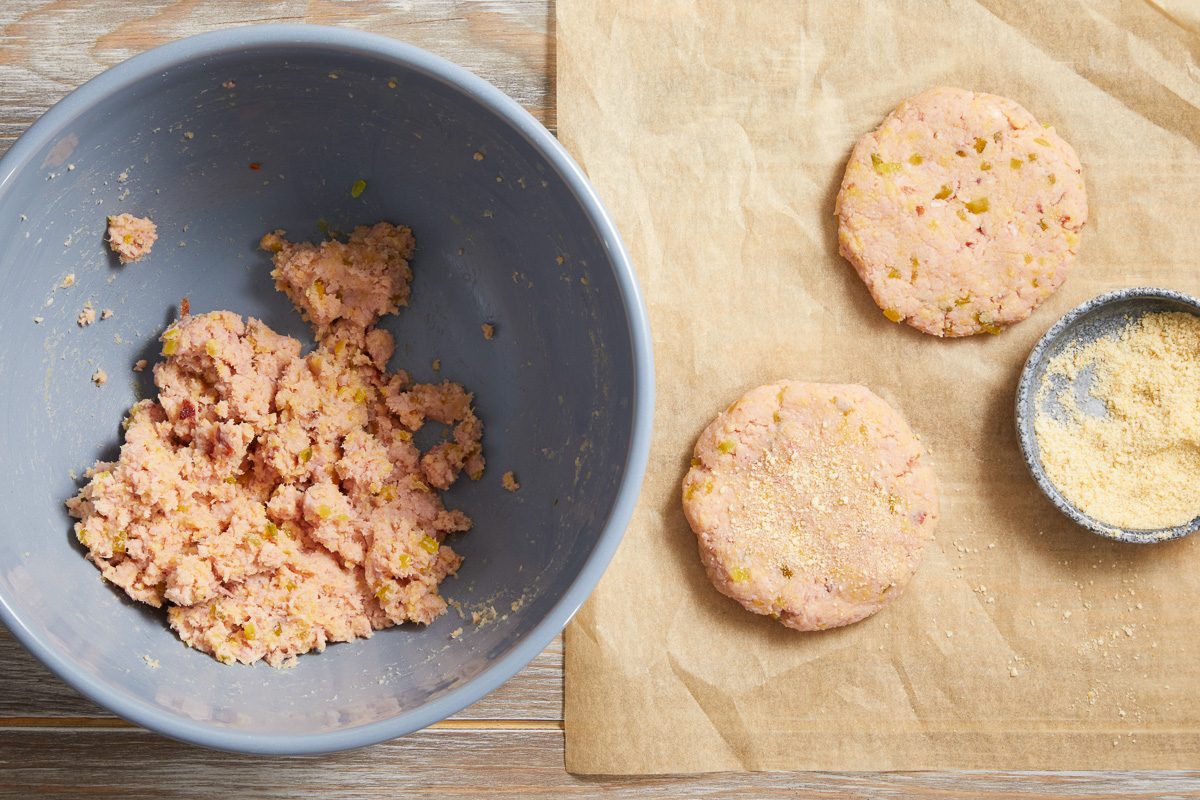 ham mixture in a bowl next to shaped patties
