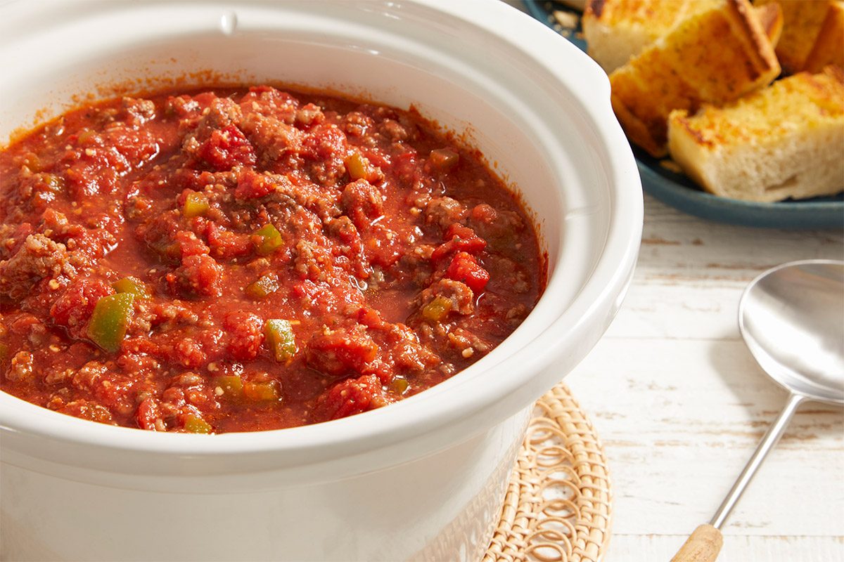 Close up shot of Slow-Cooker Pizza Dip;