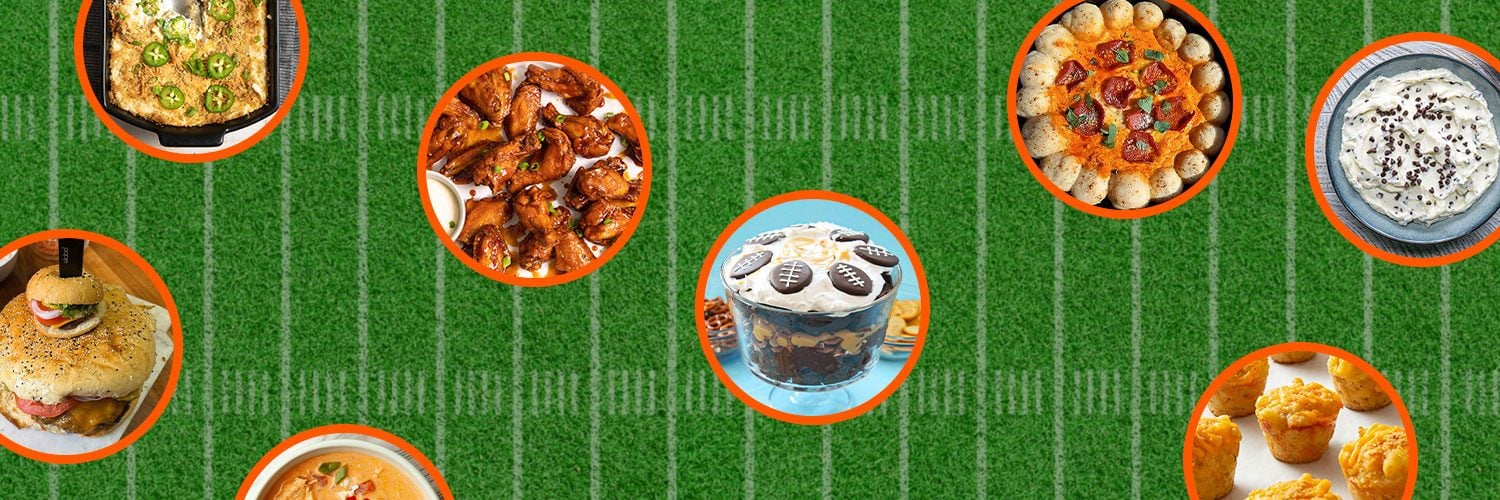 Ultimate Game Day Playbook foods arranged on football field background