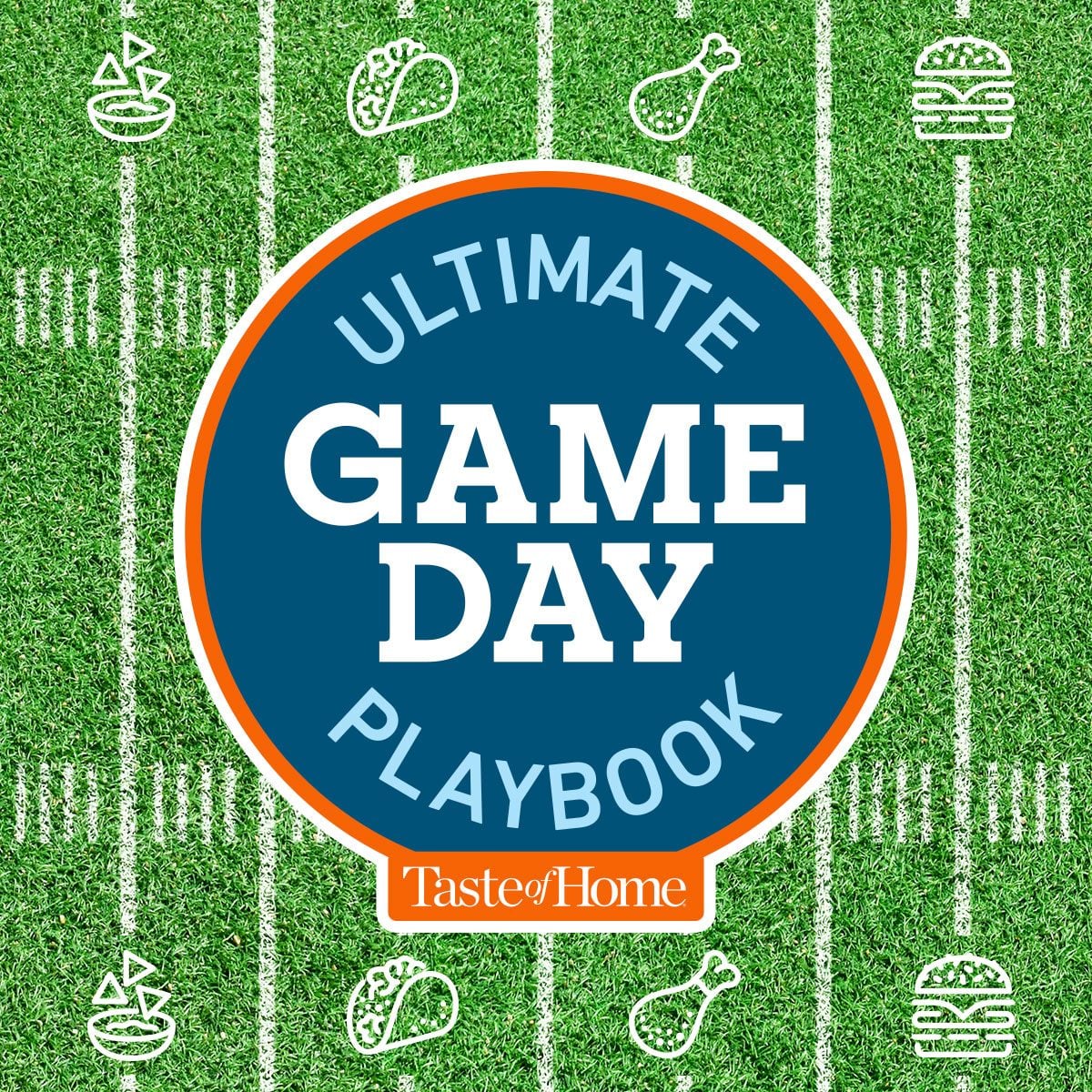 Ultimate Game Day Playbook logo on football field background with snack food icons instead of yard markers