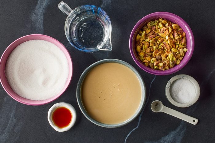 sugar, tahini, salt, vanilla extract and pistachios