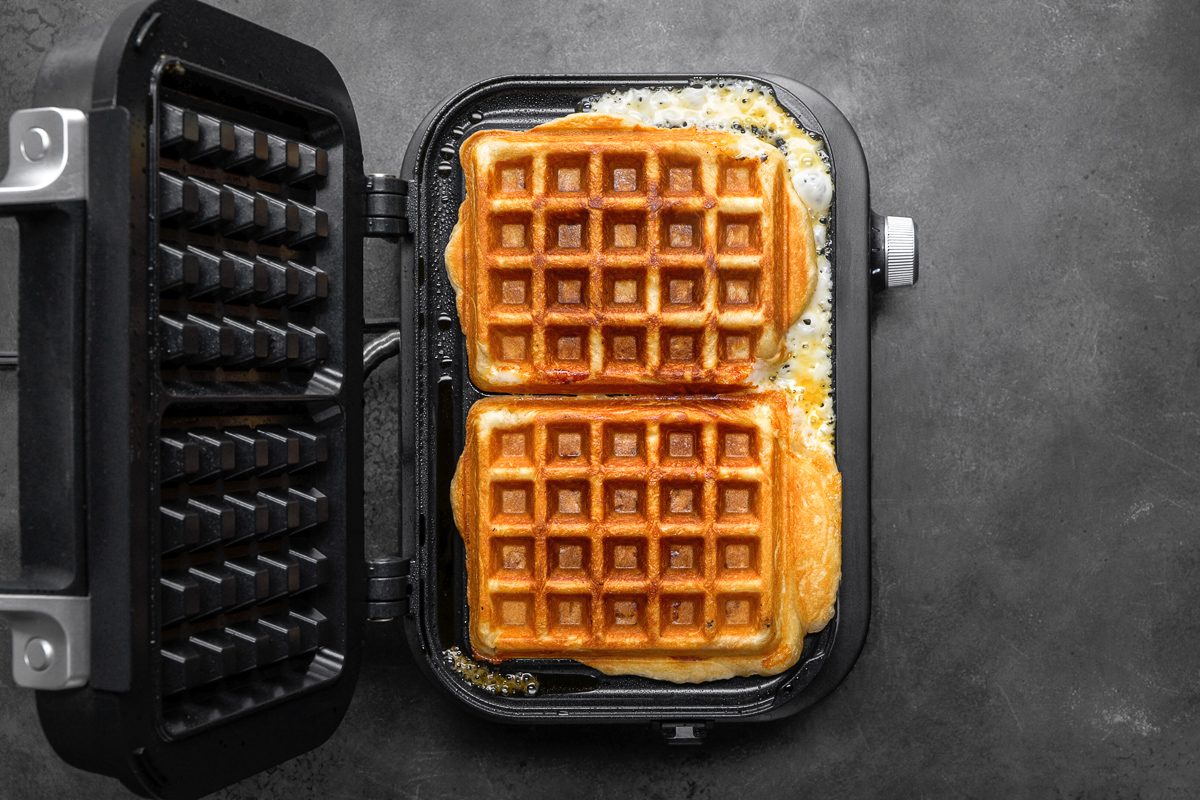 baked waffle pizza in waffle maker