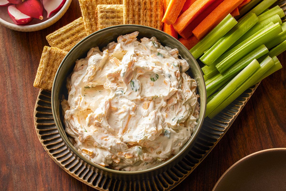 Overhead shot of a bowl of Cream Cheese Ranch Dip