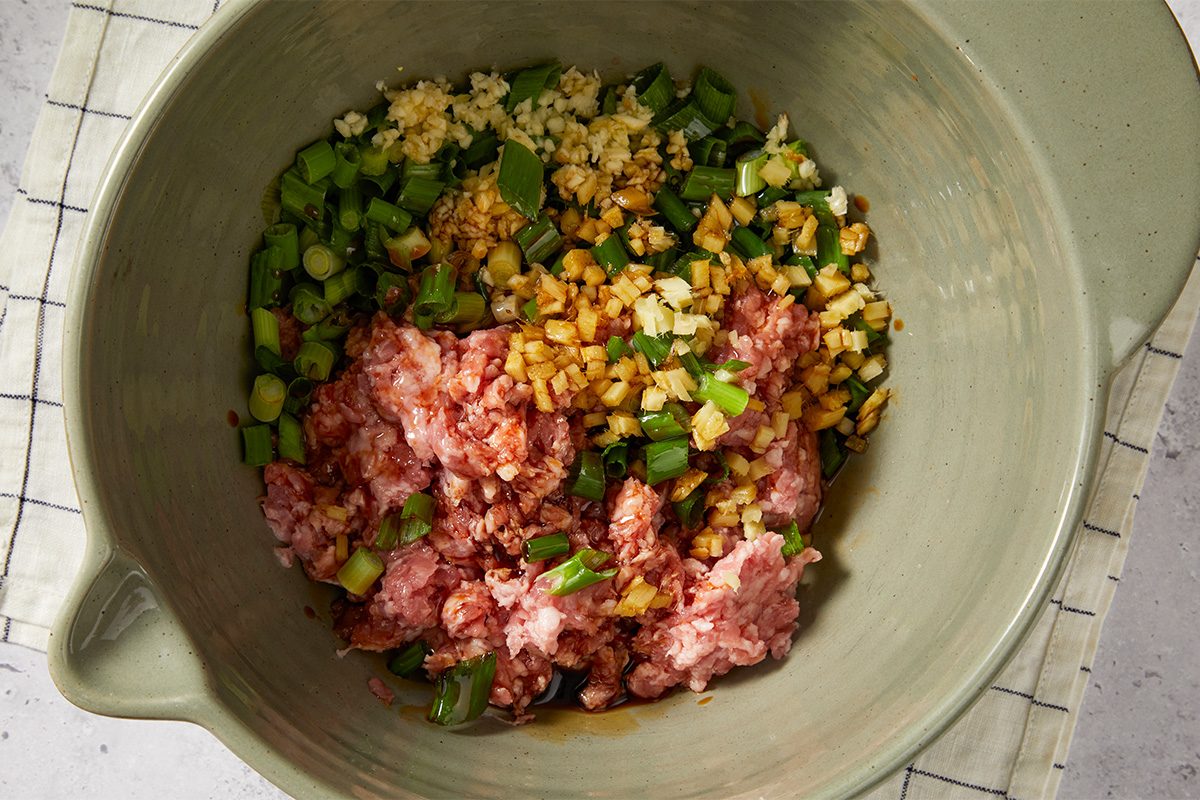 Overhead preparation shot of ground pork mixed with chopped green onions, garlic, ginger, and seasonings in a bowl for dumpling lasagna filling. The savory pork mixture is being prepared before layering with wonton wrappers.