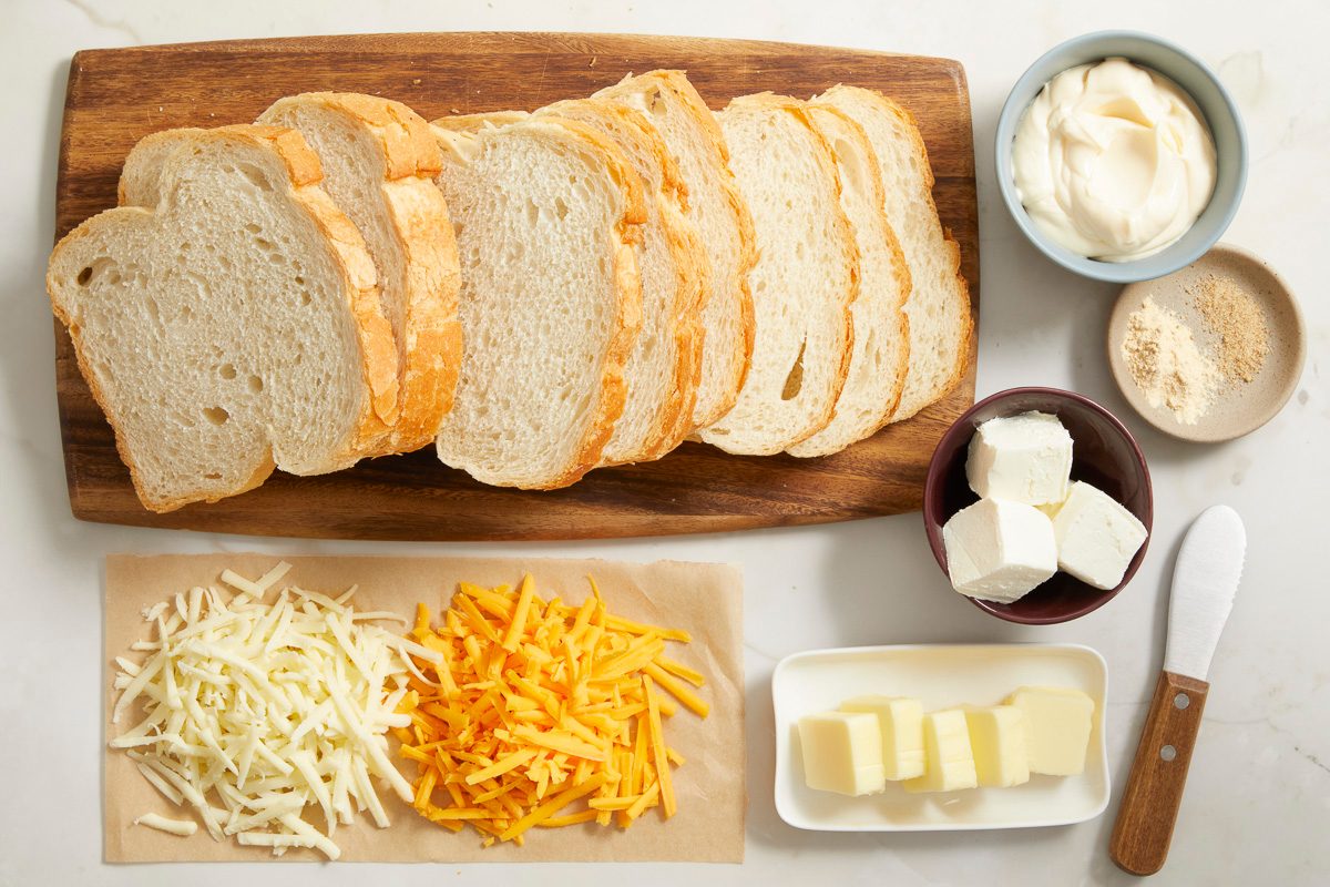 cream cheese, mayonnaise, mozzarella, cheddar, salt, garlic powder, bread and butter