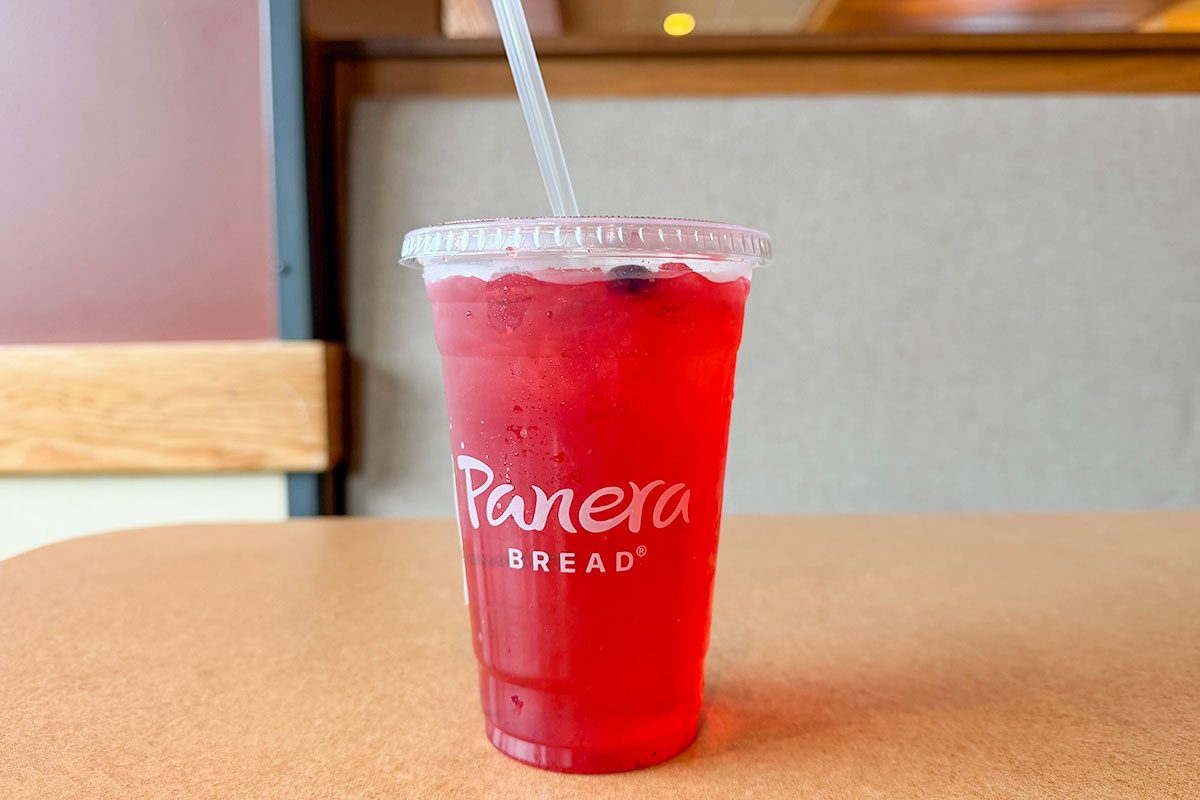Panera's Cherry Lime Fresca Drink on a Tbale, Ready to Drink