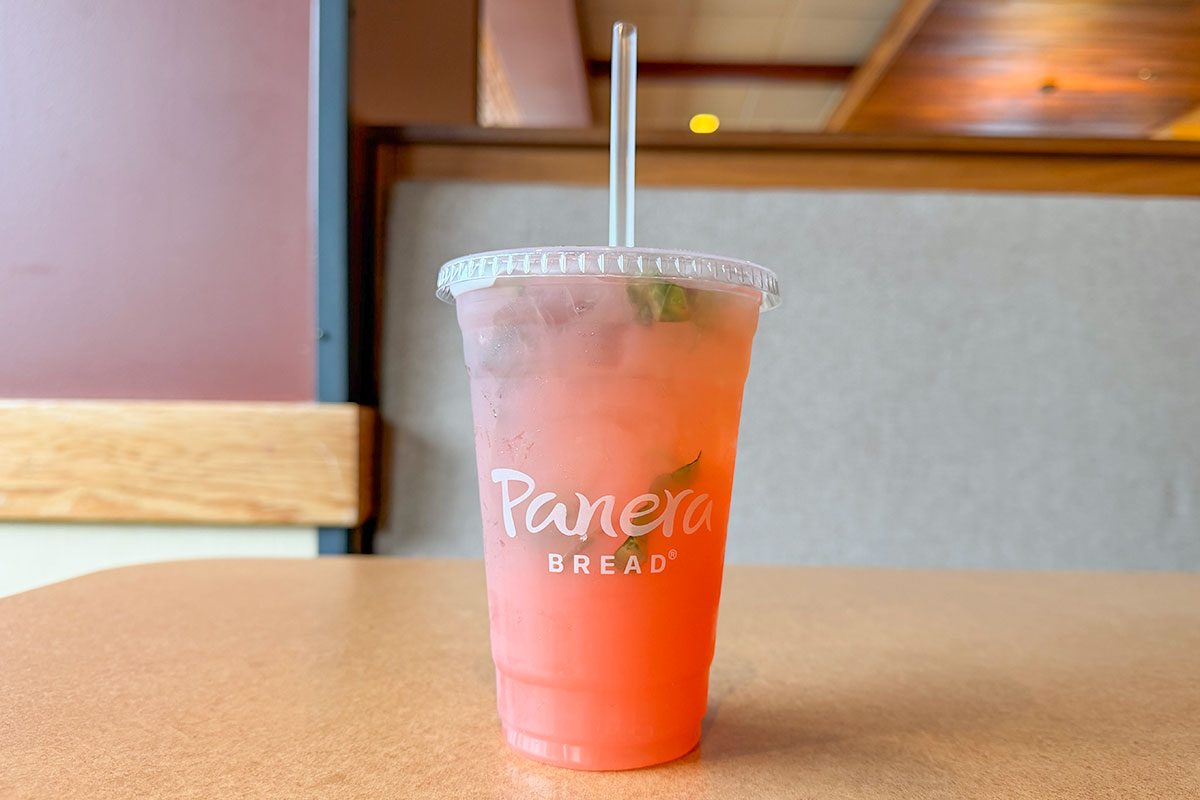 Panera's Strawberry Basil Lemonade Fresca Drink on a Tbale, Ready to Drink