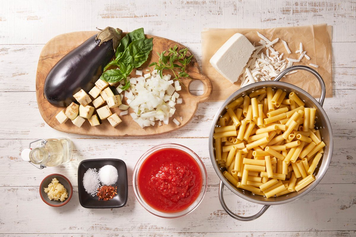eggplant, olive oil, aromatics, tomatoes, seasonings, herbs, ziti and ricotta cheese