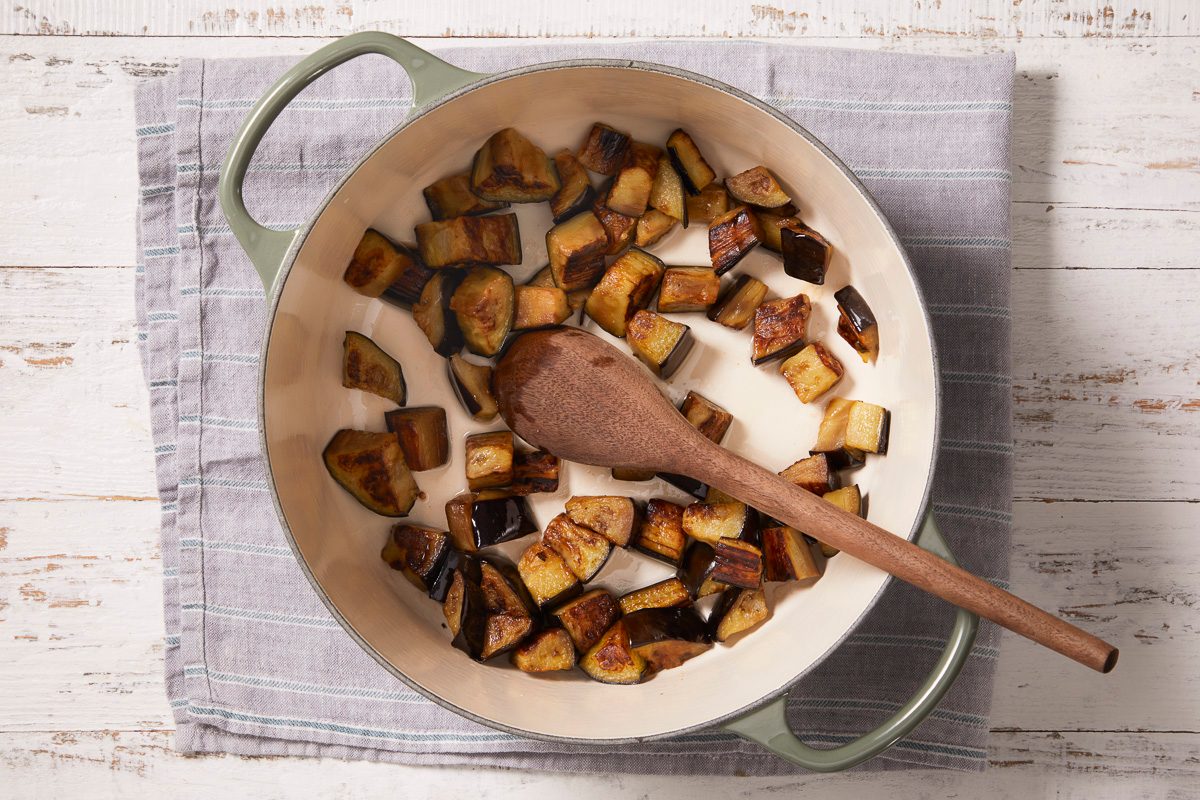 cooked eggplant in a dutch oven