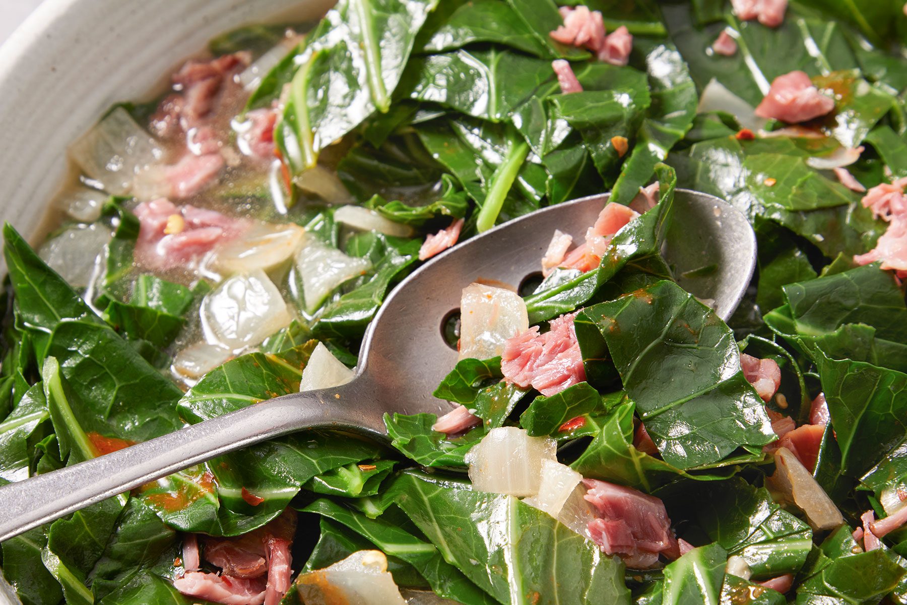 Slow Cooker Collard Greens zoomed in view.