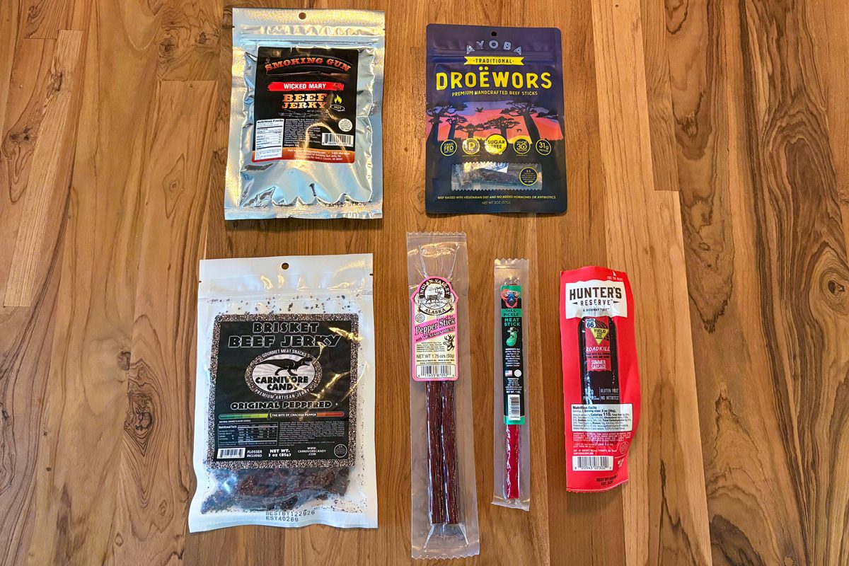 six different jerky flavors on a table