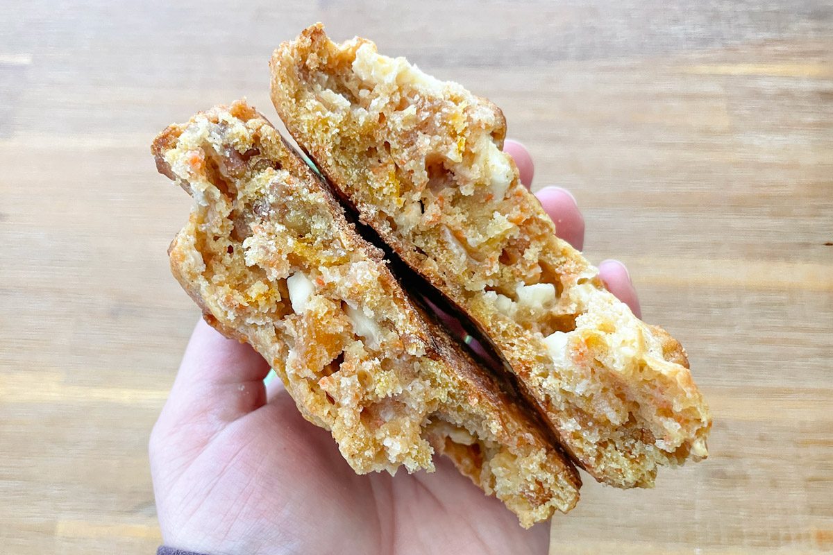 close up side view of two halves of cookie