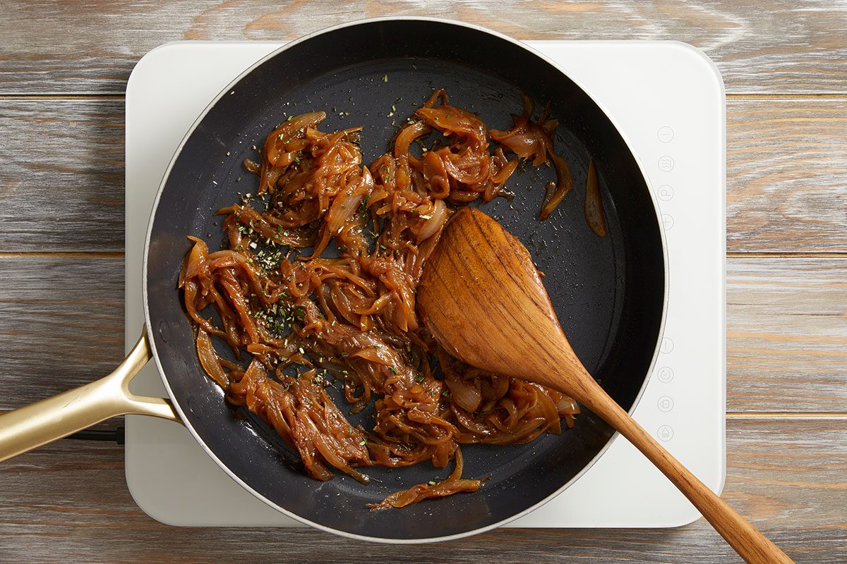 Overhead shot of a pan of caramelized onions 