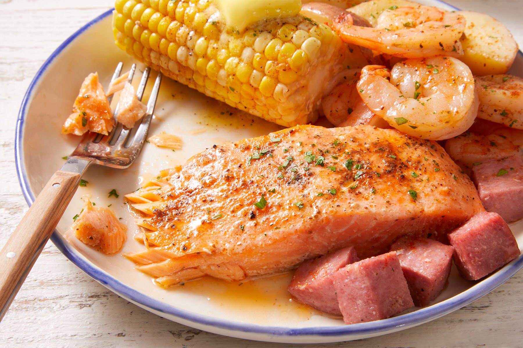 Cose up of with corn Cajun Boil On The Grill