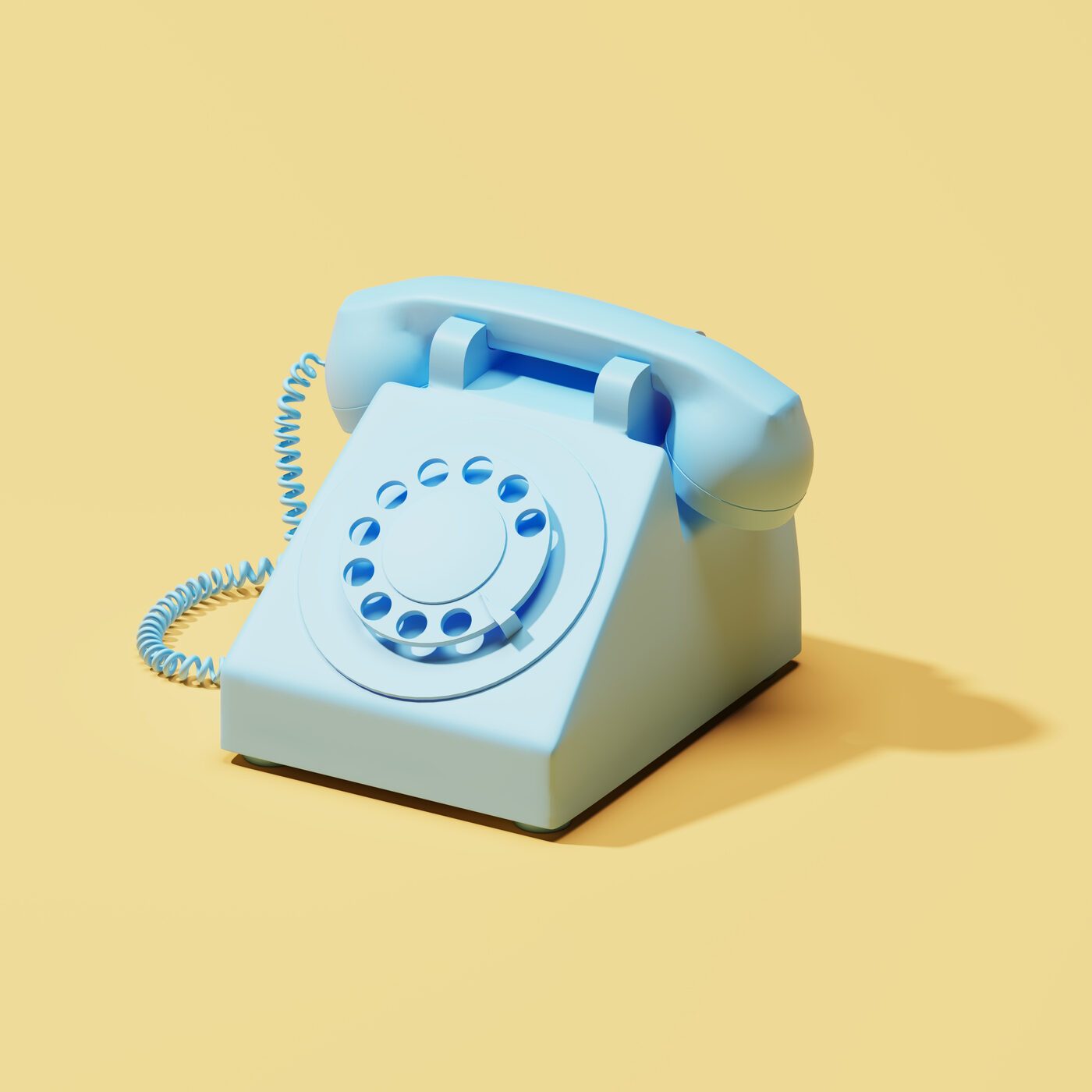 Pastel colour image of old rotary dial telephone. Cyan device on yellow background. 3D illustration.