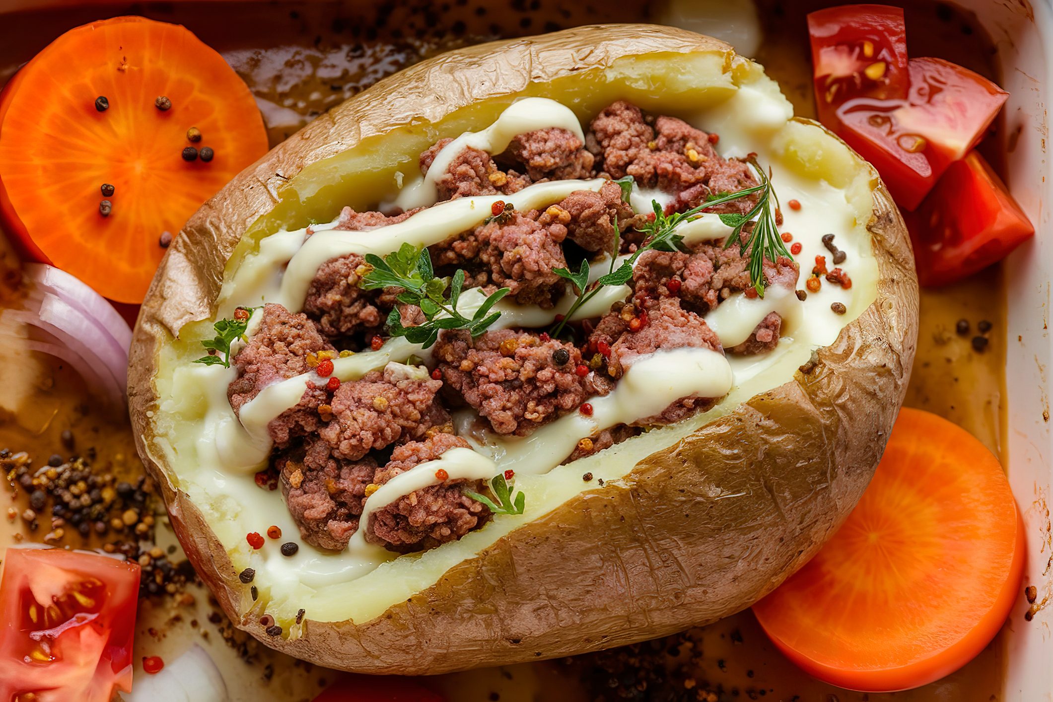 A photo of a baking dish filled with a potato filled with ground meat