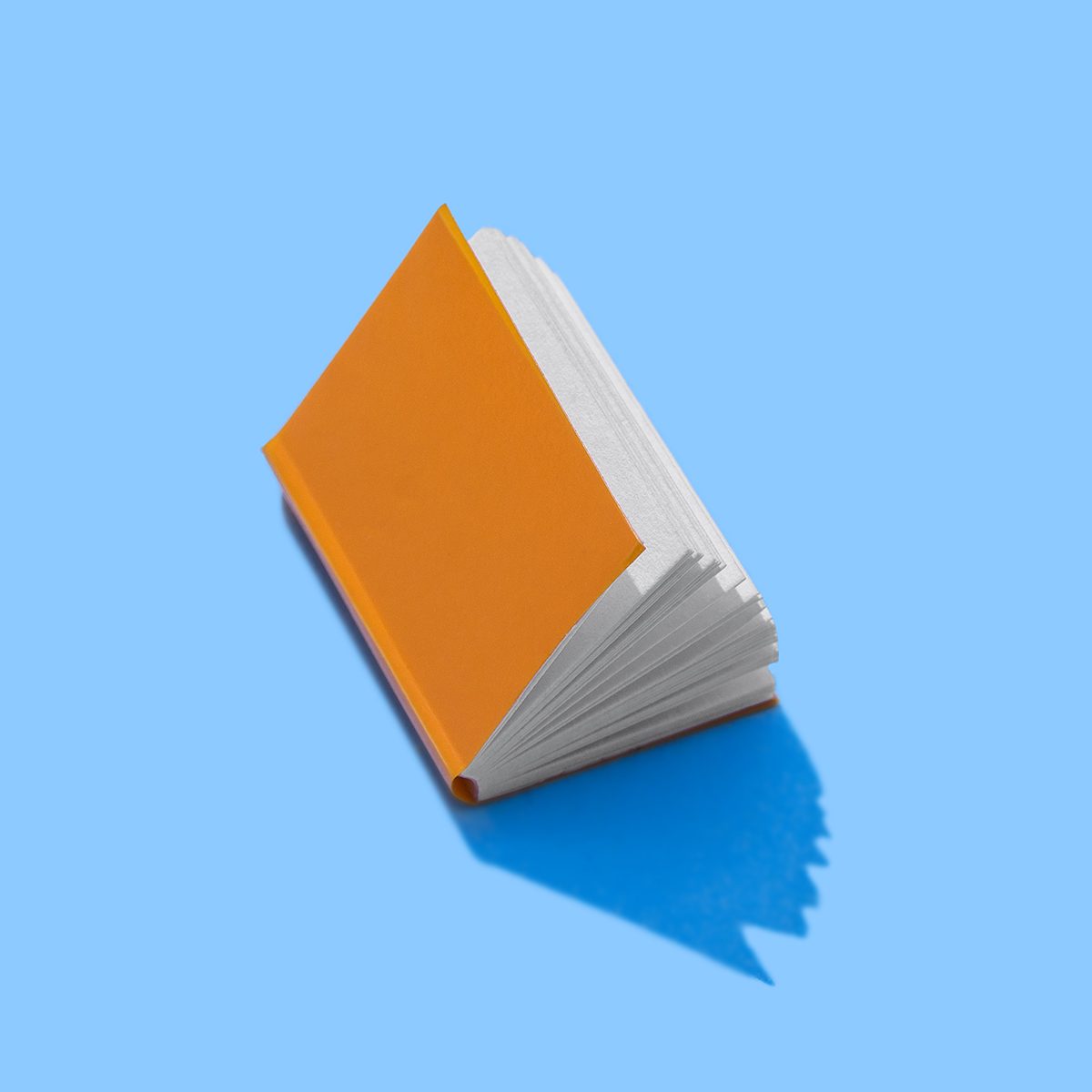 A hardcover book with an orange cover is open and standing upright on a blue surface, casting a distinct shadow. The background is solid light blue.
