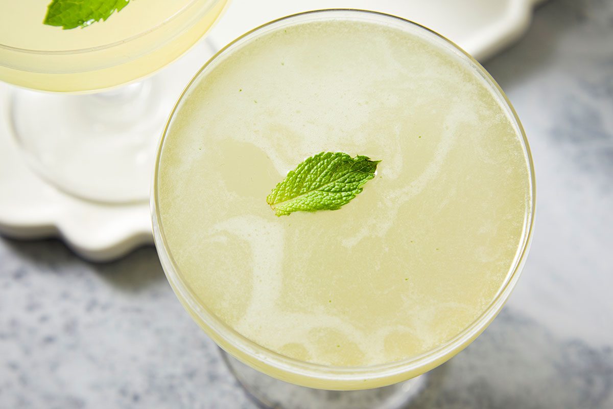 A horizontal close-up image shows the surface of the cocktail with a mint garnish floating on top.