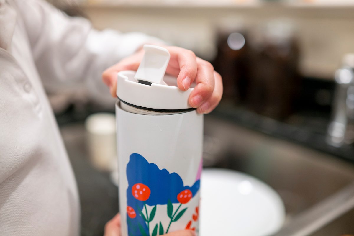 close up of reusable water bottle