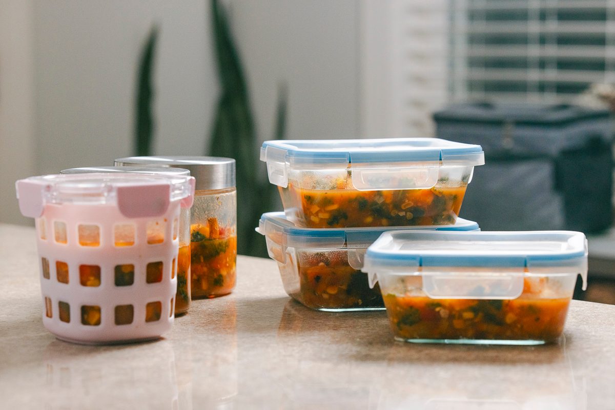 food storage containers on a kitchen counter