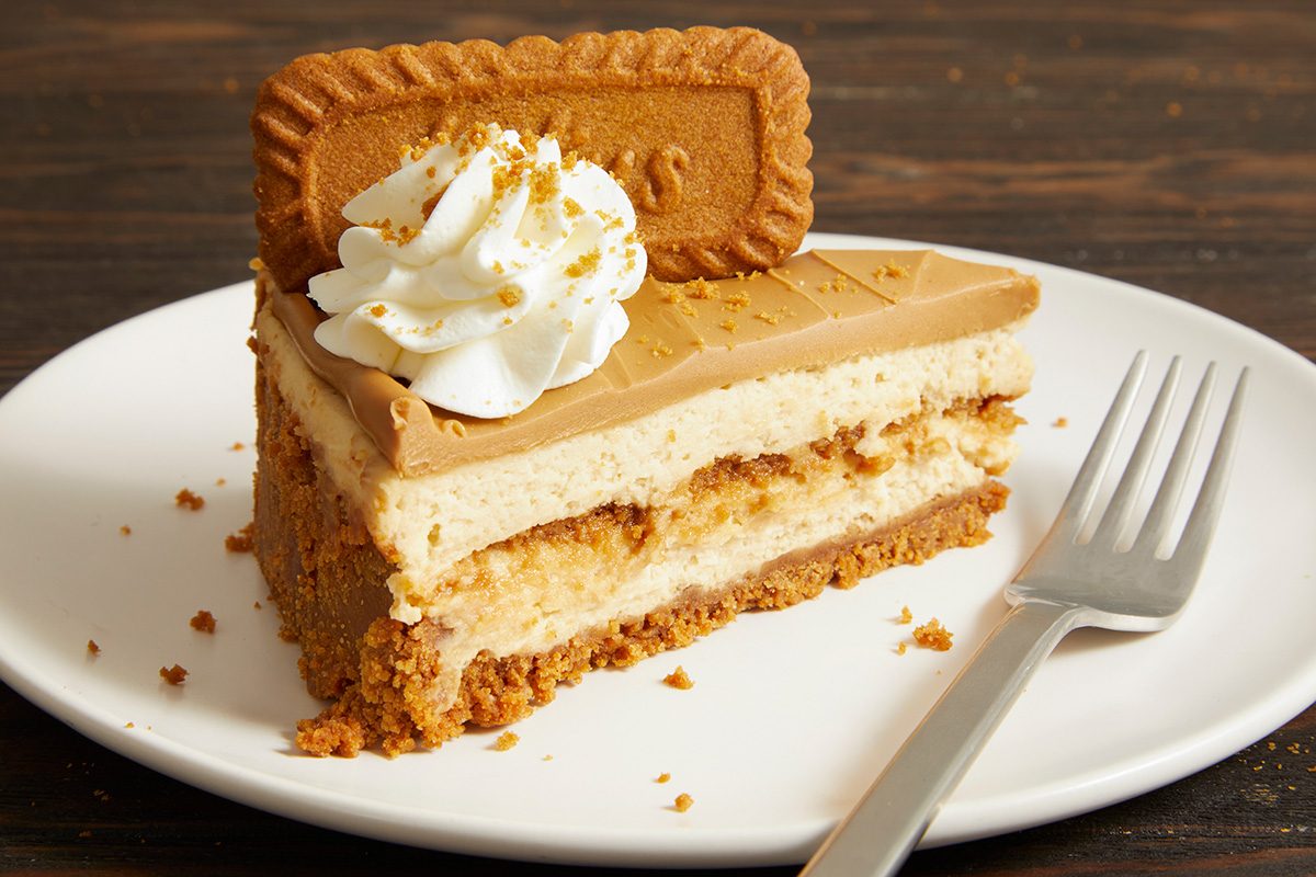 A slice of layered cake topped with a cookie and a swirl of whipped cream sits on a white plate with a fork, against a dark wooden background.