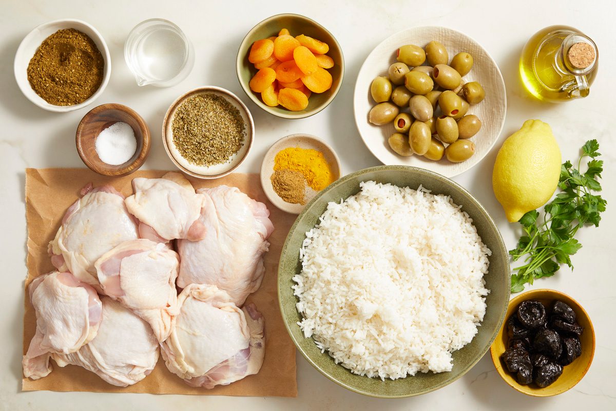 chicken thighs, seasonings, olives, olive oil, dried fruits and za'atar