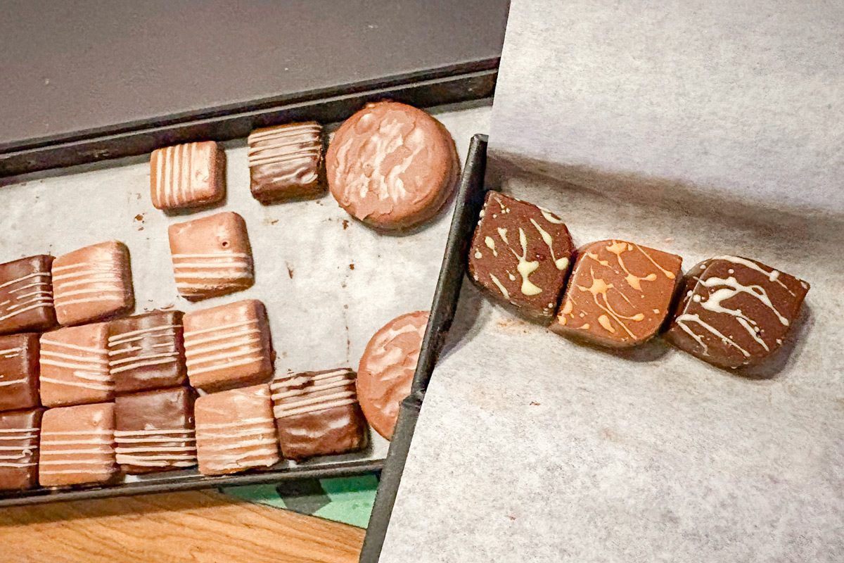 close up of chocolates in a box