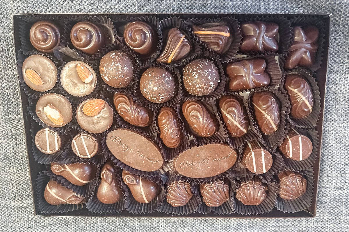 top view of box of chocolates and truffles