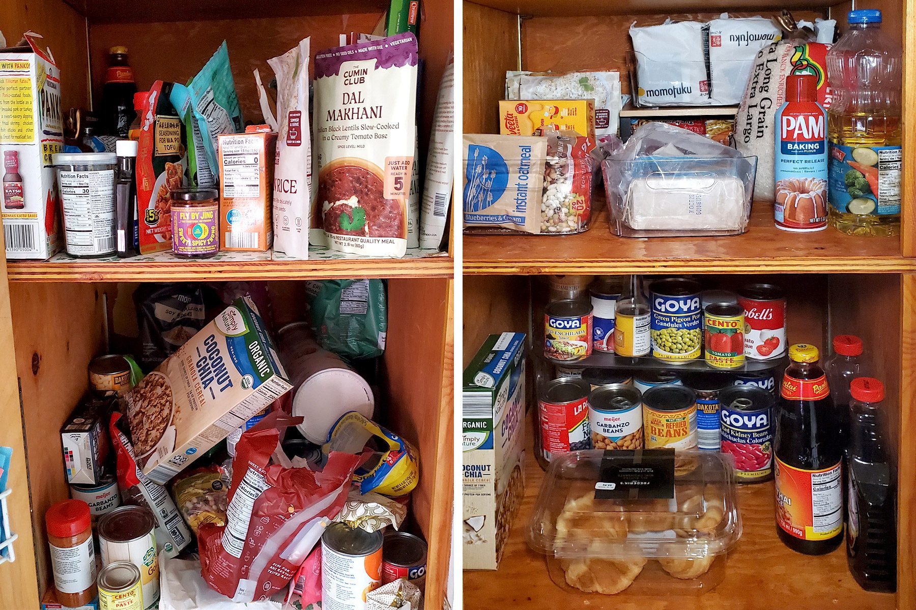 A wooden pantry cabinet is shown in two views: the left side is cluttered with food items and packages, while the right side is neatly organized with cans, bottles, and boxes arranged in rows.