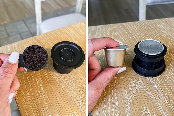 Two side-by-side photos show hands holding reusable coffee pods: one filled with coffee grounds, the other with the pod closed and ready for use, both placed on a wooden table.