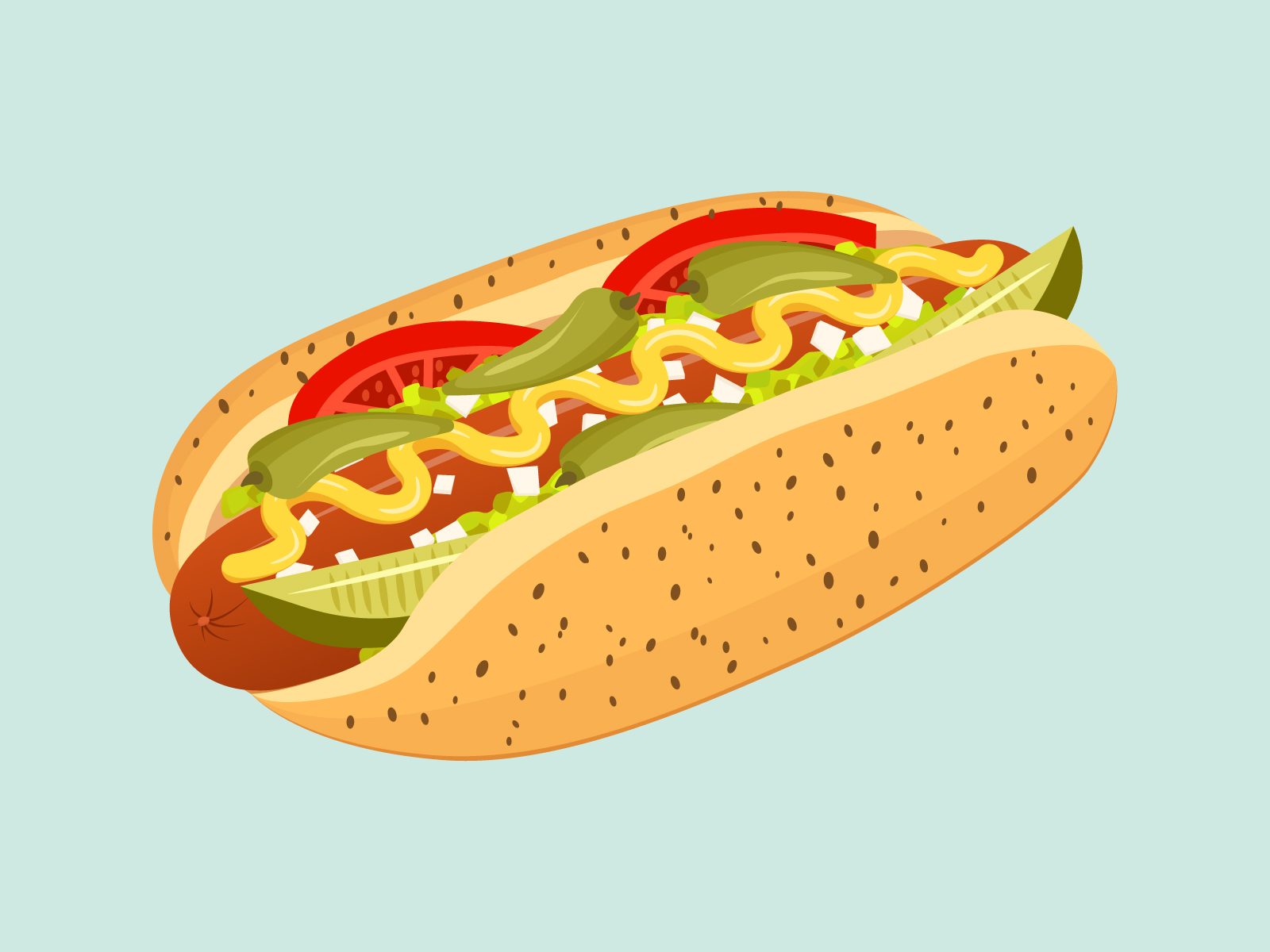 Chicago Hot Dog illustration on light green background
