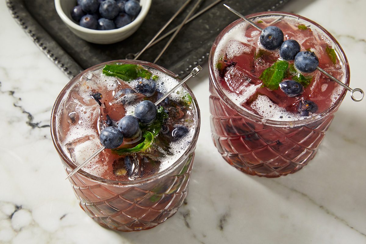 Eye Level horizontal image of two glasses of a mixed cocktail with ice, blueberries, and mint. The drinks are garnished with a cocktail skewer and additional blueberries, with a bowl of fresh blueberries in the background.