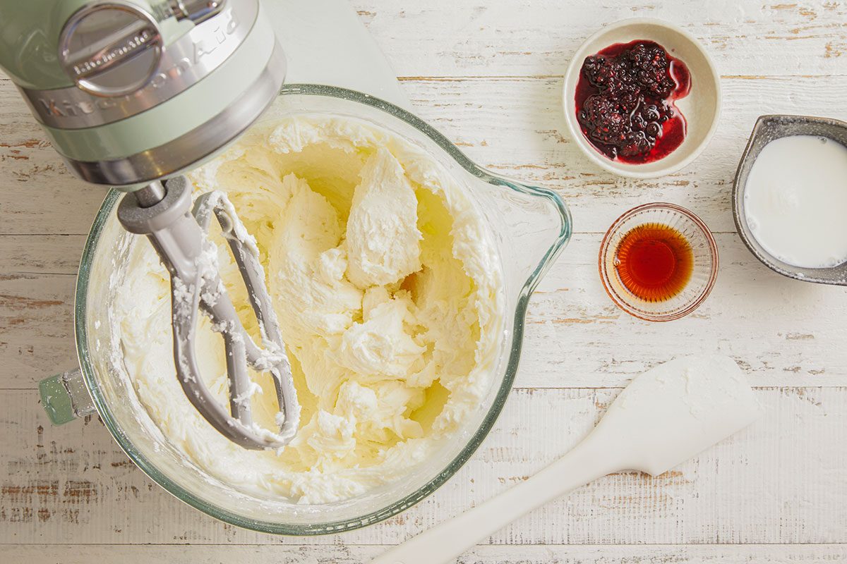 A horizontal image shows butter being whipped for frosting with ingredients like milk and vanilla nearby.