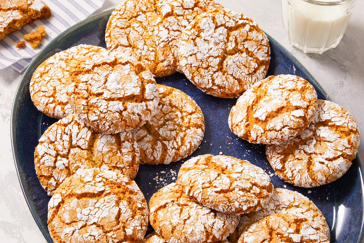 Eye Level horizontal image of cracked sugar cookies on a blue plate, next to a glass of milk. The cookies are golden brown and dusted with powdered sugar.