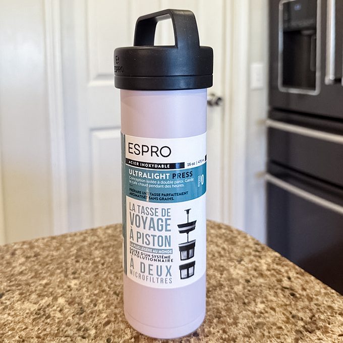 close up of Espro Travel French Press on kitchen counter