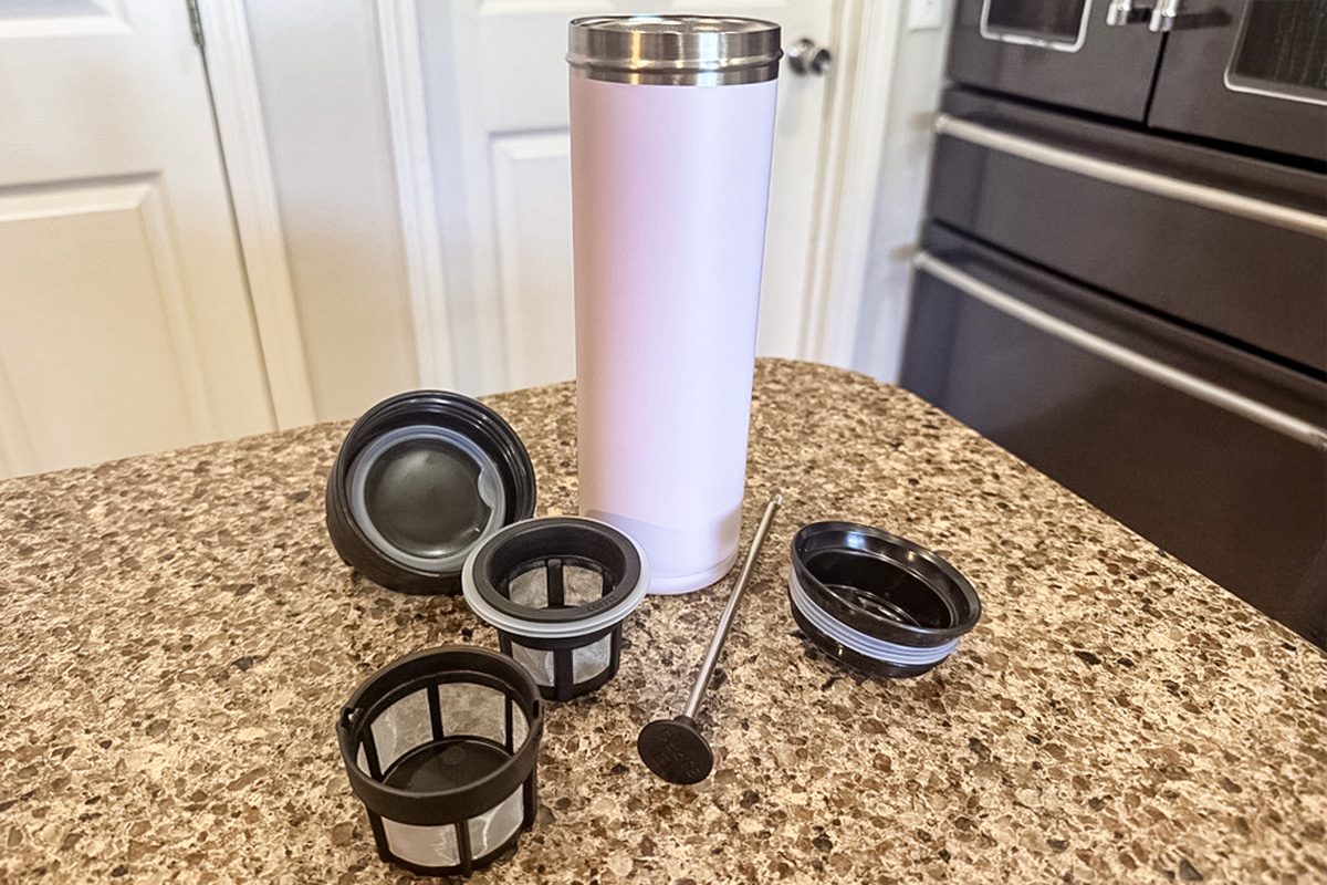 dissasembled Espro Travel French Press on kitchen counter
