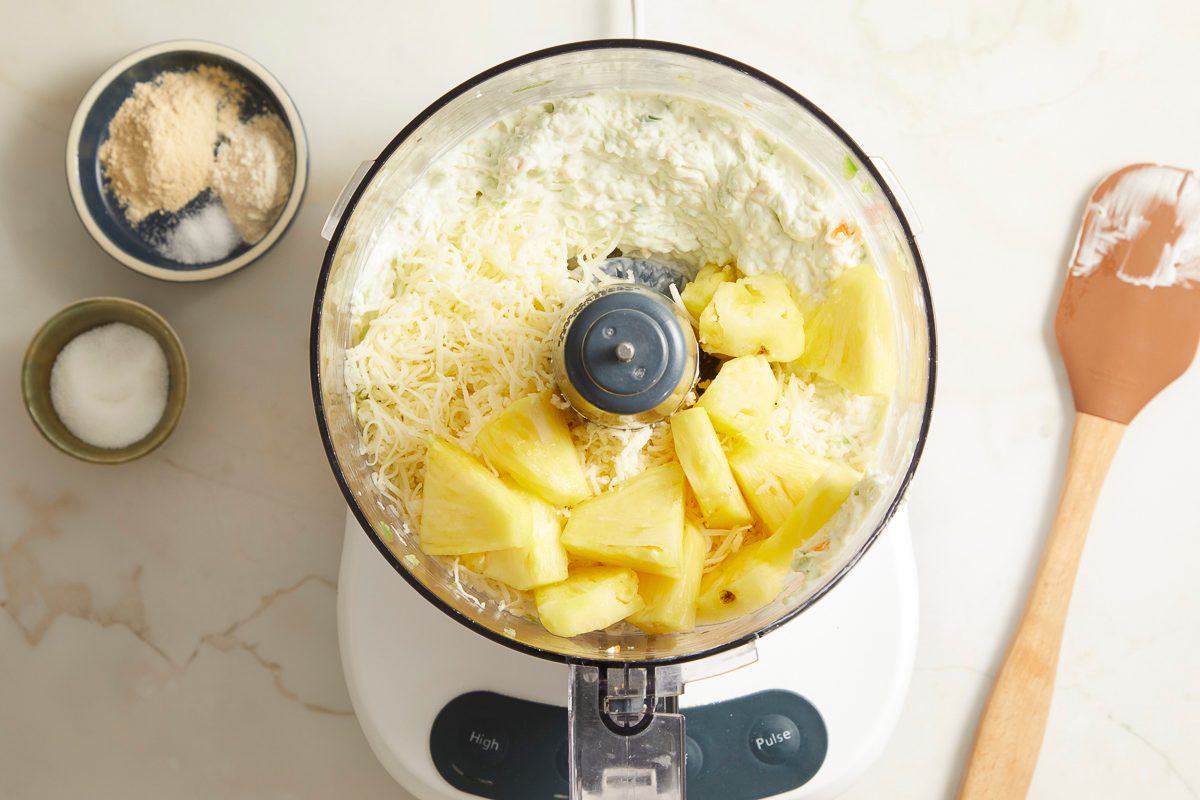 pineapple and Monterey Jack cheese added to dip ingredients in food processor