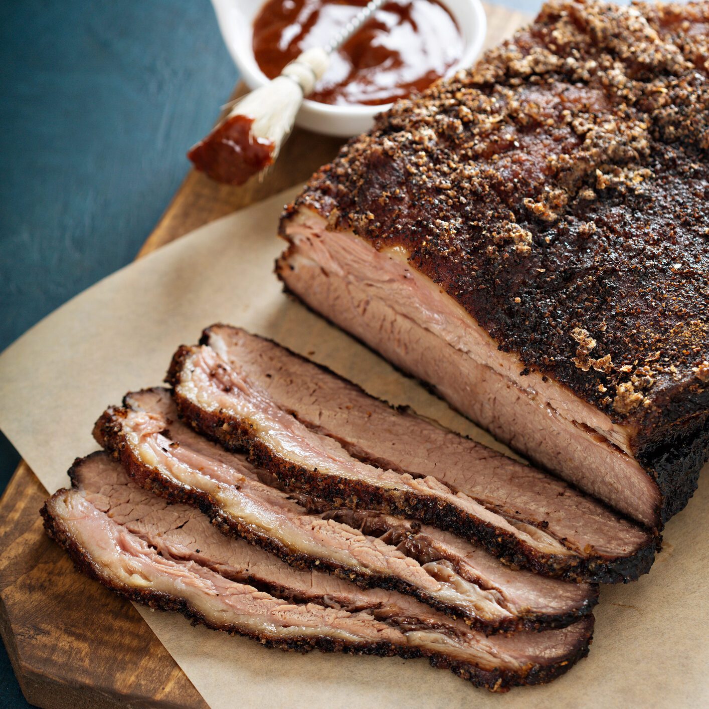 Sliced slowly cooked brisket