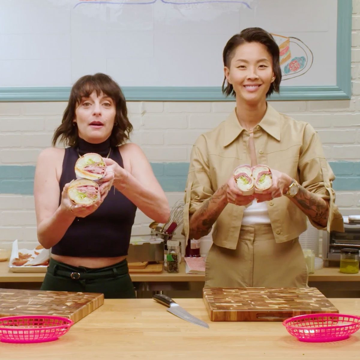 Lindsay Ames and Kristen Kish on The Great American Sandwich Show present their final sandwiches